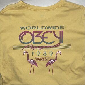 Obey Propaganda Yellow Mens L Skeleton Flamingos Streetwear Graphic TShirt Skate